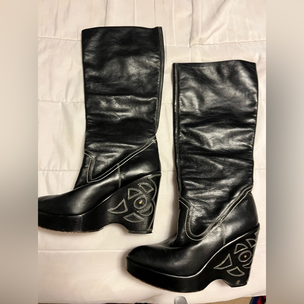 Black faux leather boots platform front wedge heel with white stitching